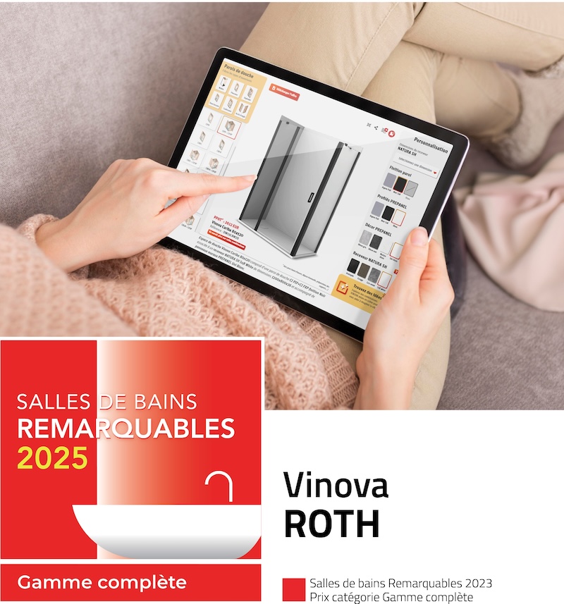 Sur un iPad, le configurateur de douche Vinova de Roth, lauréat des Salles de bains remarquables 2025