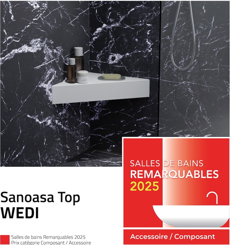 L'assise d'angle blanche Sanoasa de Wedi, lauréat des Salles de bains Remarquables 2025