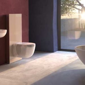 Ambiance de salle de bains avec un panneau WC Monolith de Geberit